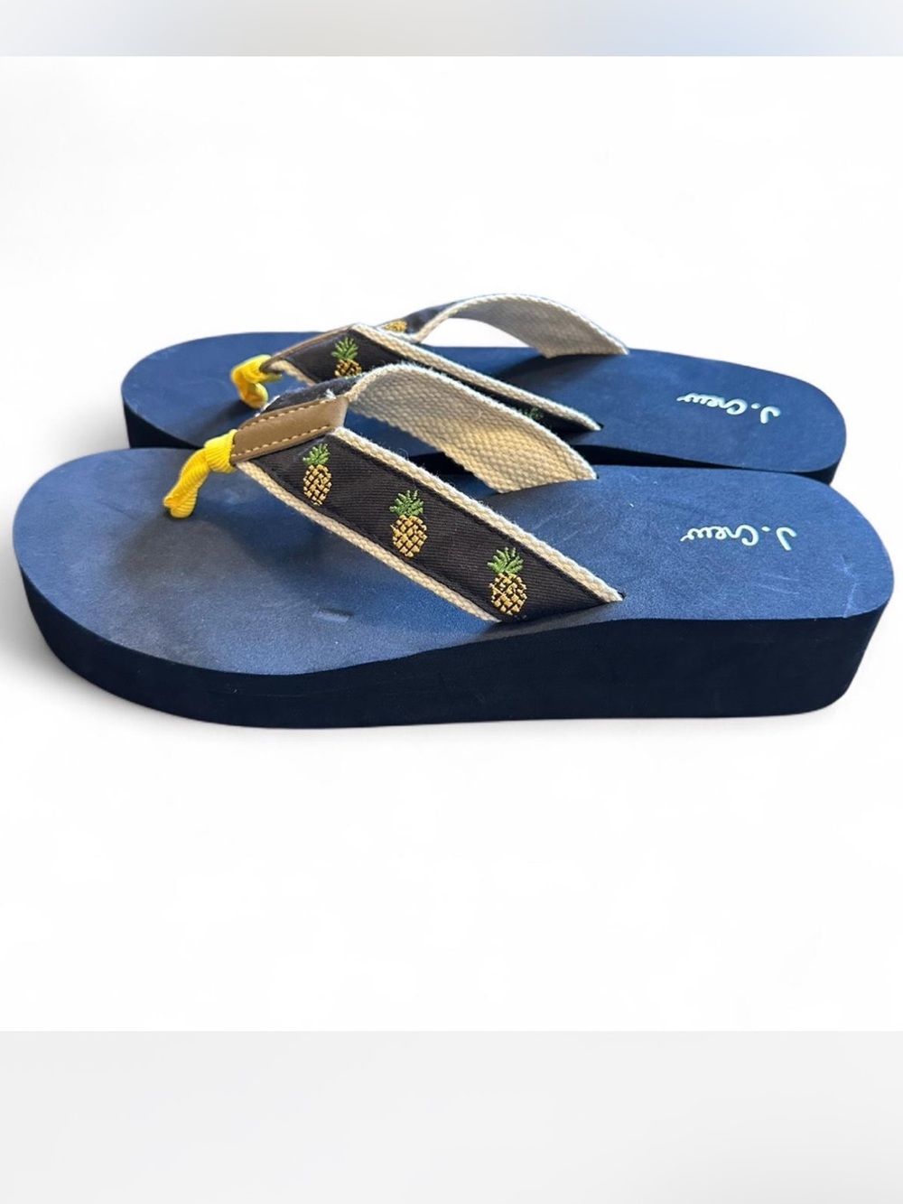 J. CREW Strappy Wedge Sandal Flip Flop Deep Blue with Embroidered Pineapple —7.5